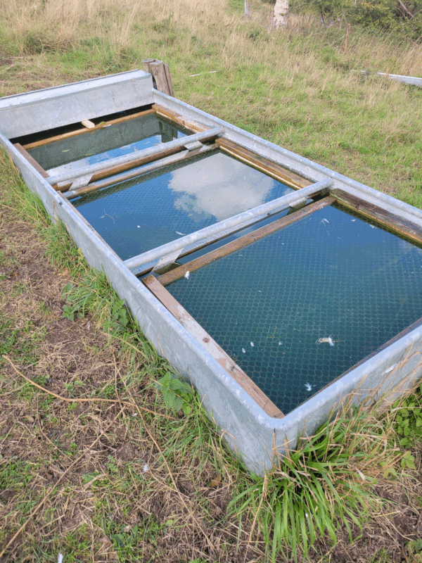 Mesh covered wooden frames to float in cattle troughs to prevent owls drowning
